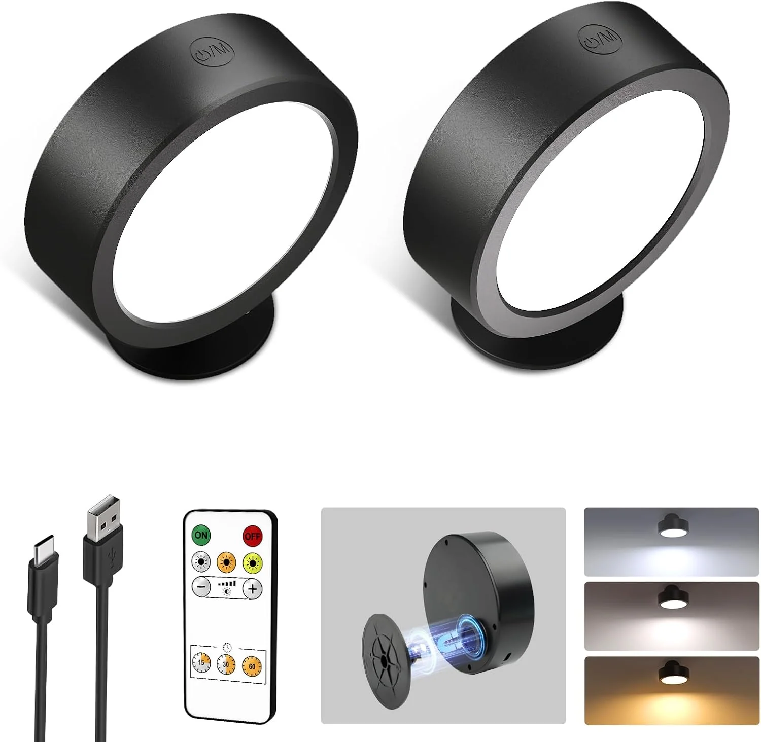 EZVALO LED Wall Mounted Lights, 5500mAh Rechargeable Wall Sconces Lamp, 3 Color Temps & Remote and Touch Control, 360°Rotation Dimmable Cordless Wall Light for Bedroom Reading Study Bedside (2 Pack) - Image 3