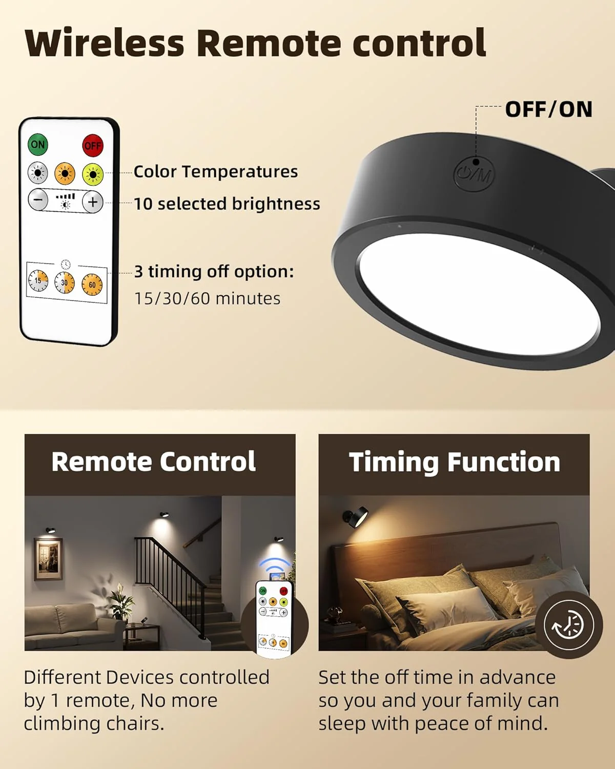 EZVALO LED Wall Mounted Lights, 5500mAh Rechargeable Wall Sconces Lamp, 3 Color Temps & Remote and Touch Control, 360°Rotation Dimmable Cordless Wall Light for Bedroom Reading Study Bedside (2 Pack) - Image 5