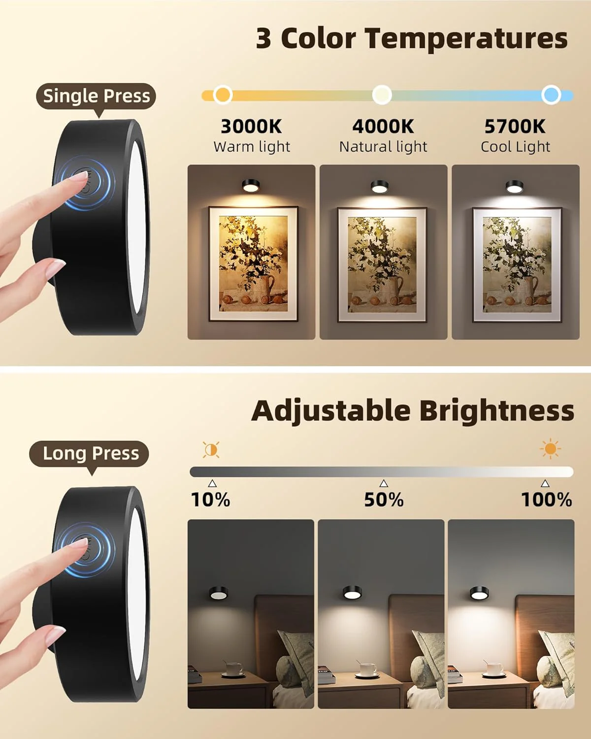 EZVALO LED Wall Mounted Lights, 5500mAh Rechargeable Wall Sconces Lamp, 3 Color Temps & Remote and Touch Control, 360°Rotation Dimmable Cordless Wall Light for Bedroom Reading Study Bedside (2 Pack) - Image 6