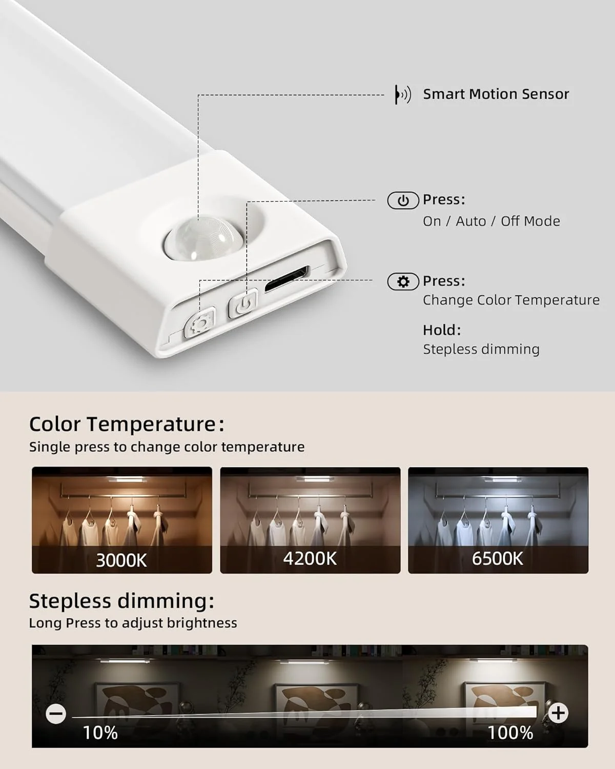 EZVALO 3 Pack 8” Motion Sensor Light Indoor, Wireless Under Cabinet Lighting, 30 LED Rechargeable Closet Lights, Dimmable, 3 Color Temperatures, Counter Lights for Wardrobe, Pantry, Bedroom, Kitchen - Image 3