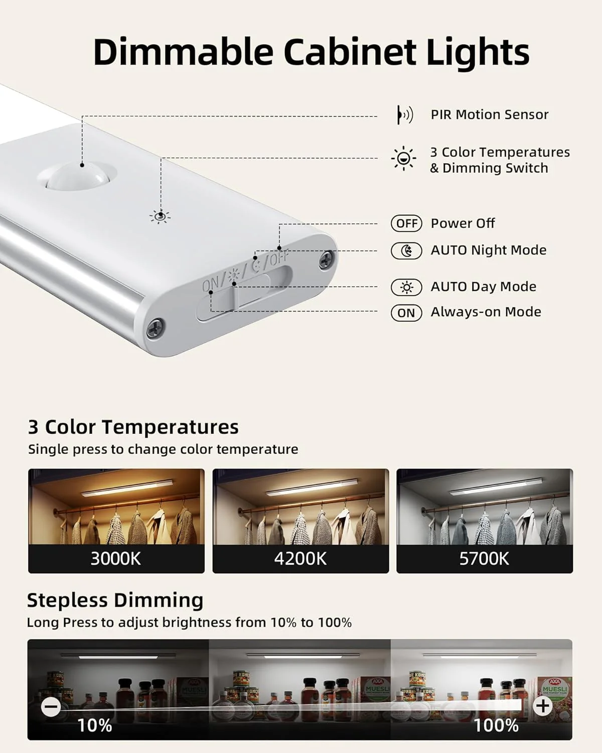 EZVALO Under Cabinet Lighting, 2200mAh Closet Lights with 2 Extra Batteries, 3 Color Temps Motion Sensor Lights Indoor, LED Lights for Closet, Pantry, Kitchen - Image 5