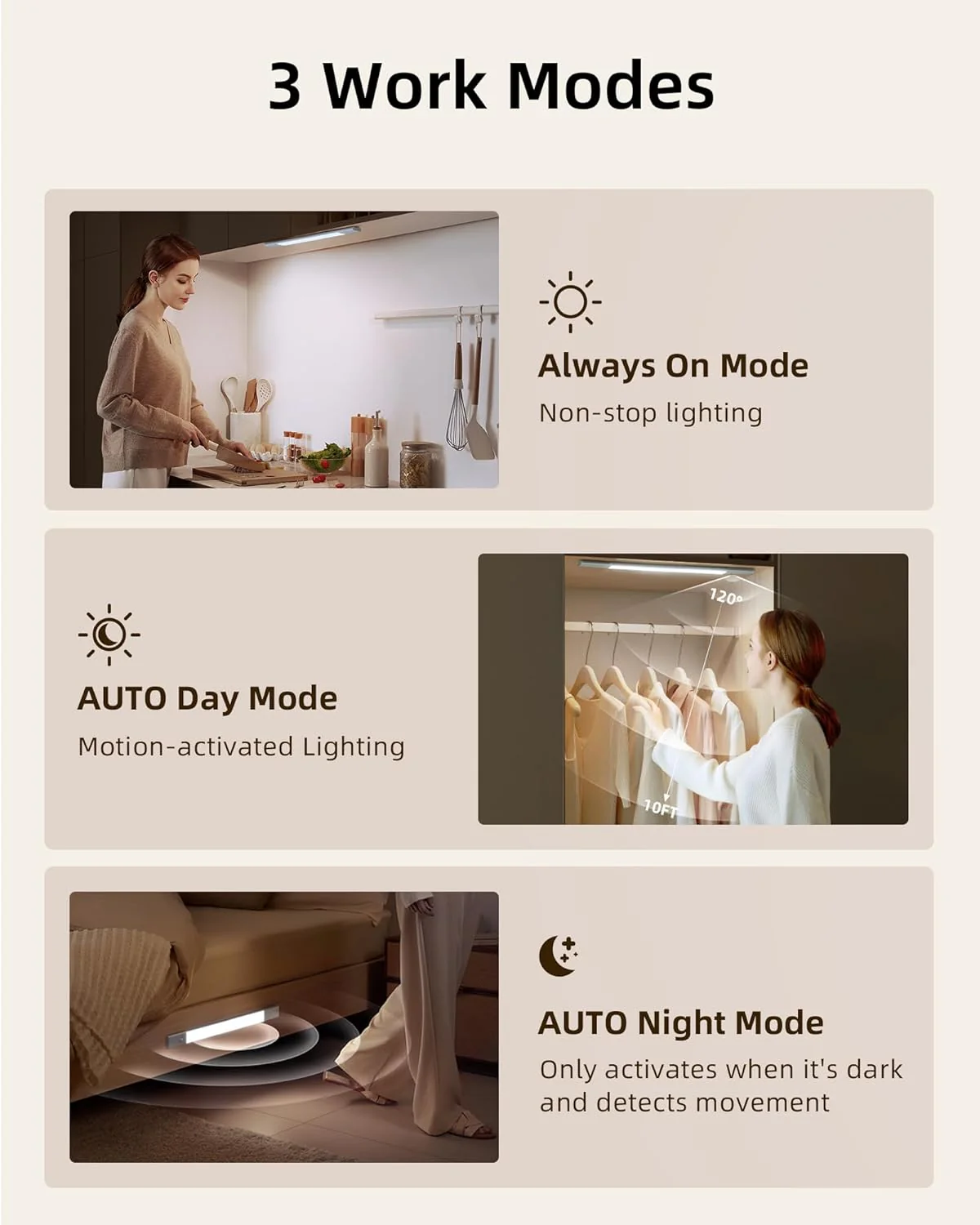 EZVALO Under Cabinet Lighting, 2200mAh Closet Lights with 2 Extra Batteries, 3 Color Temps Motion Sensor Lights Indoor, LED Lights for Closet, Pantry, Kitchen - Image 6
