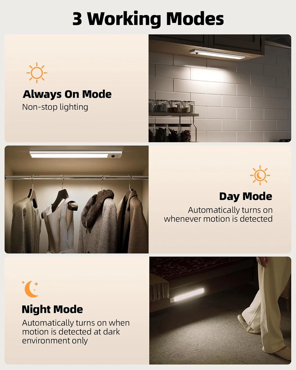 EZVALO 12inch Under Cabinet Lighting Wireless with Battery Indicator, 2500mAh Rechargeable Motion Sensor Light Indoor, 96 LED Under Counter Lights for Kitchen Closet, 3 Color Temps, Dimmable, 6 Pack - Image 7