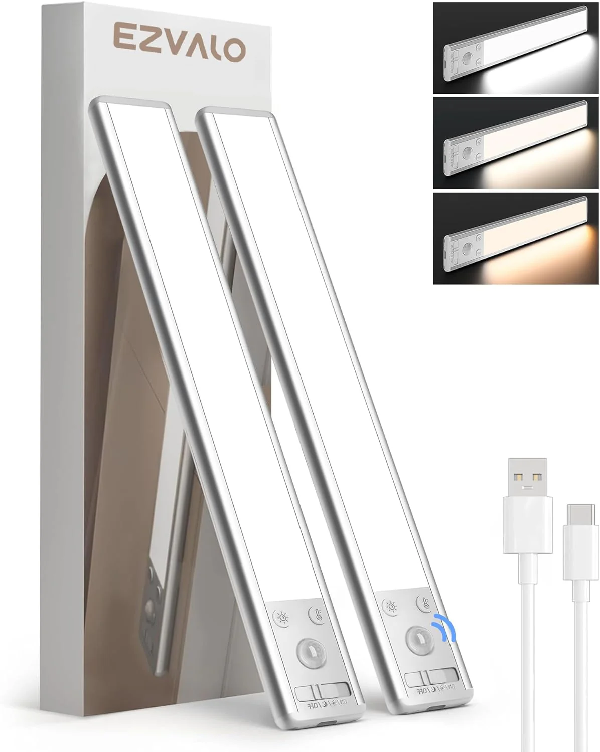 EZVALO 8" Under Cabinet Lighting, 2400mAh USB-C Rechargeable Motion Sensor Light, 3 Color Temps, 5-Level Dimmable Magnetic Wireless Closet Lights for Kitchen, Pantry, Stairs (2 Pack) - Image 10