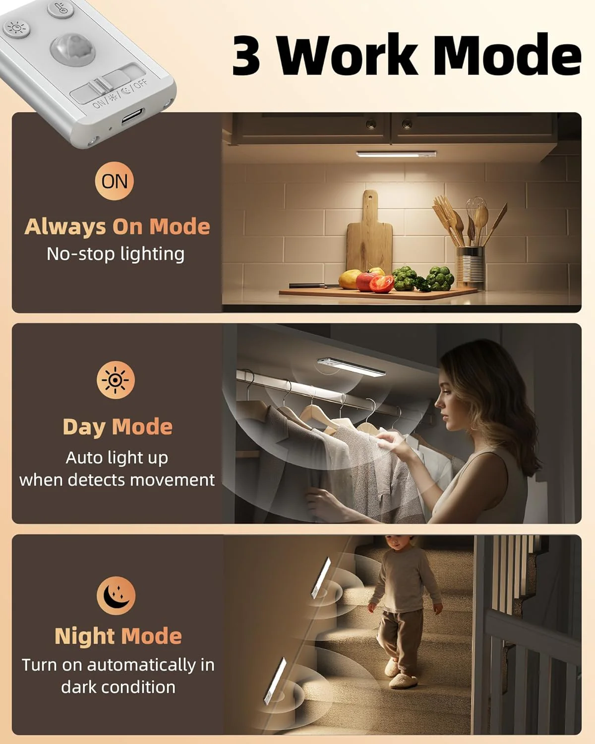EZVALO 8" Under Cabinet Lighting, 2400mAh USB-C Rechargeable Motion Sensor Light, 3 Color Temps, 5-Level Dimmable Magnetic Wireless Closet Lights for Kitchen, Pantry, Stairs (2 Pack) - Image 6
