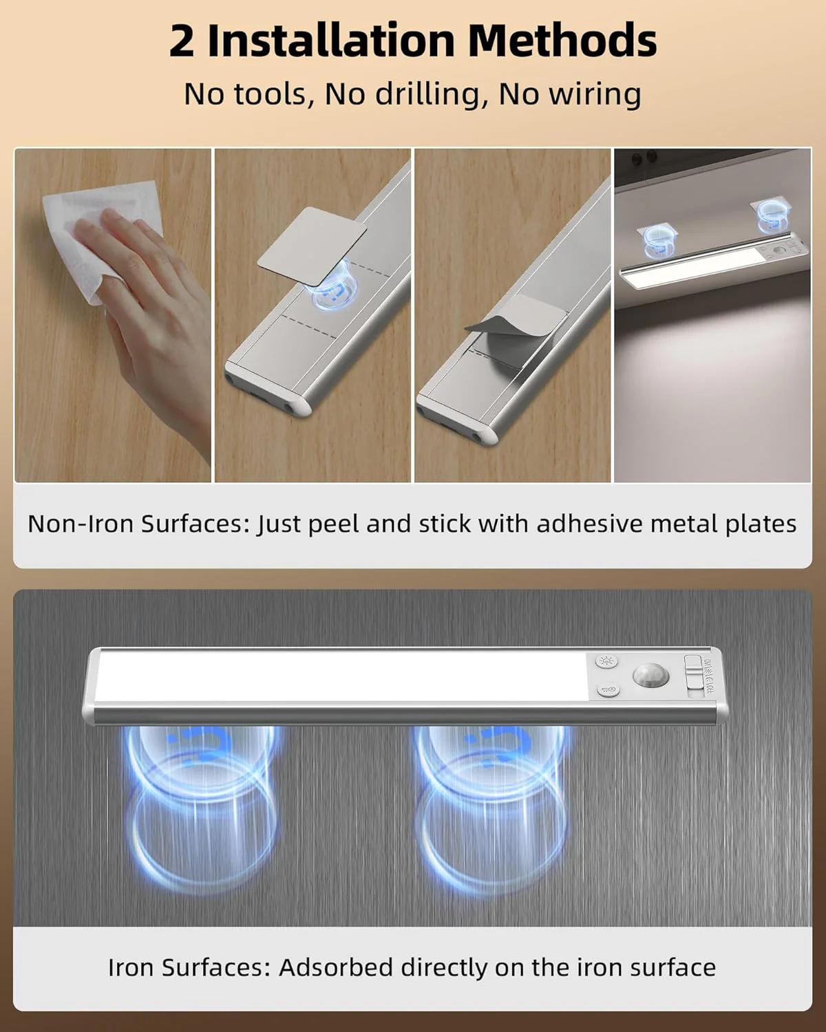 EZVALO 8" Under Cabinet Lighting, 2400mAh USB-C Rechargeable Motion Sensor Light, 3 Color Temps, 5-Level Dimmable Magnetic Wireless Closet Lights for Kitchen, Pantry, Stairs (2 Pack) - Image 7