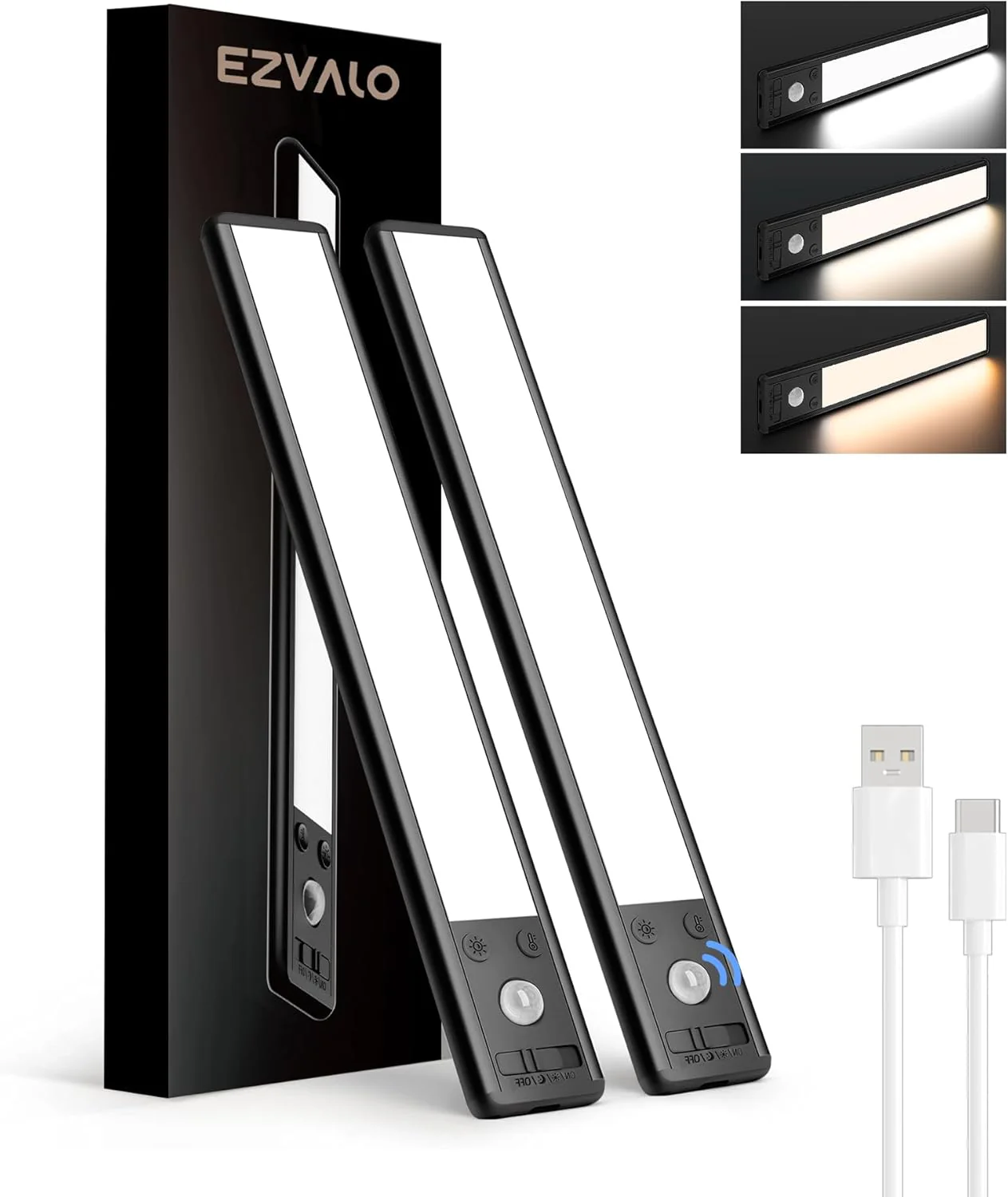 EZVALO 8" Under Cabinet Lighting, 2400mAh USB-C Rechargeable Motion Sensor Light, 3 Color Temps, 5-Level Dimmable Magnetic Wireless Closet Lights for Kitchen, Pantry, Stairs (2 Pack) - Image 9