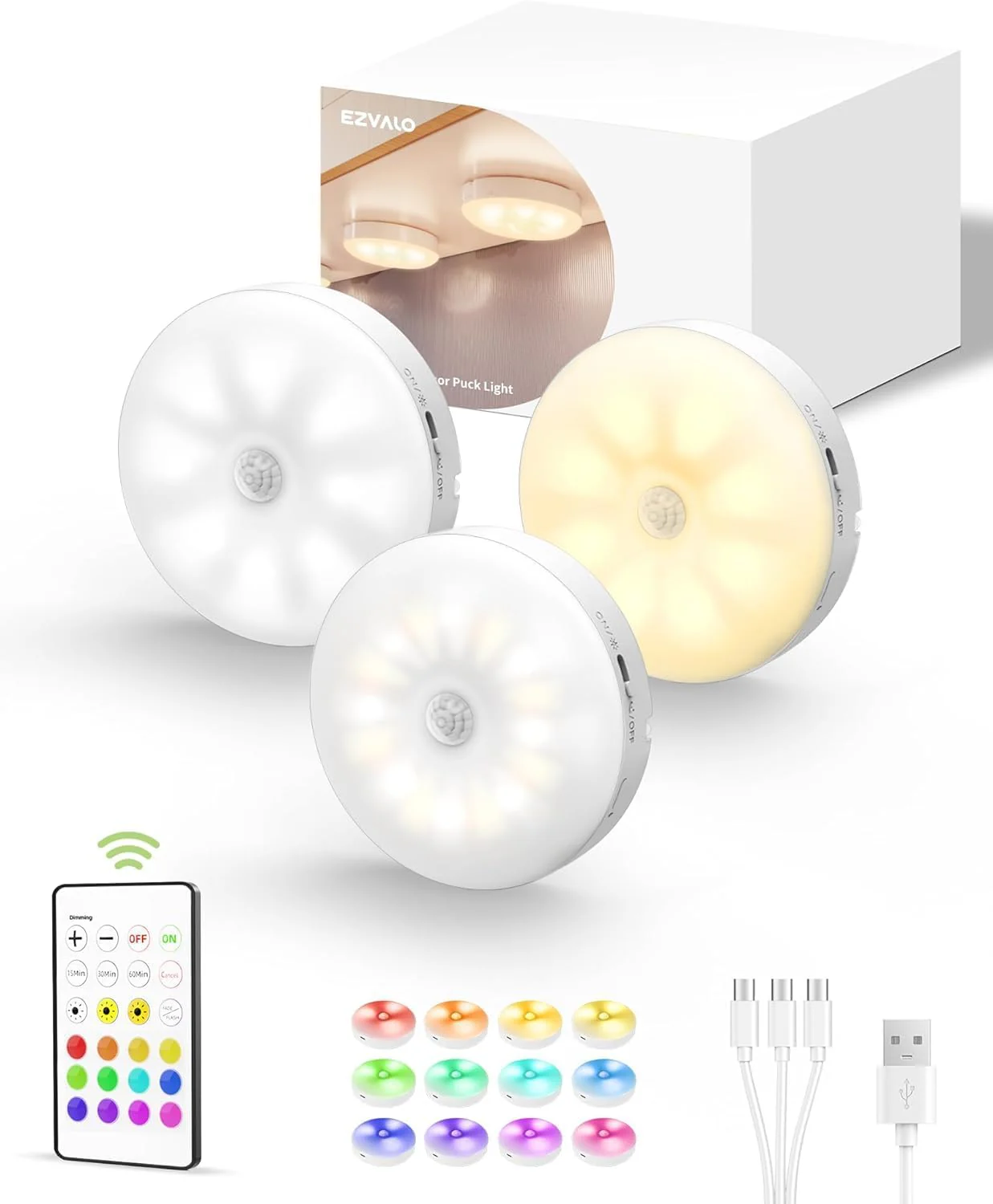 EZVALO 6-Pack Under Cabinet Lighting, Rechargeable Motion Sensor Puck Lights with Remote, 3 Color Temps &12 RGB Colors, Magnetic Stick on Light, Dimmable Under Counter Lights for Kitchen, Shelf, Stair - Image 10