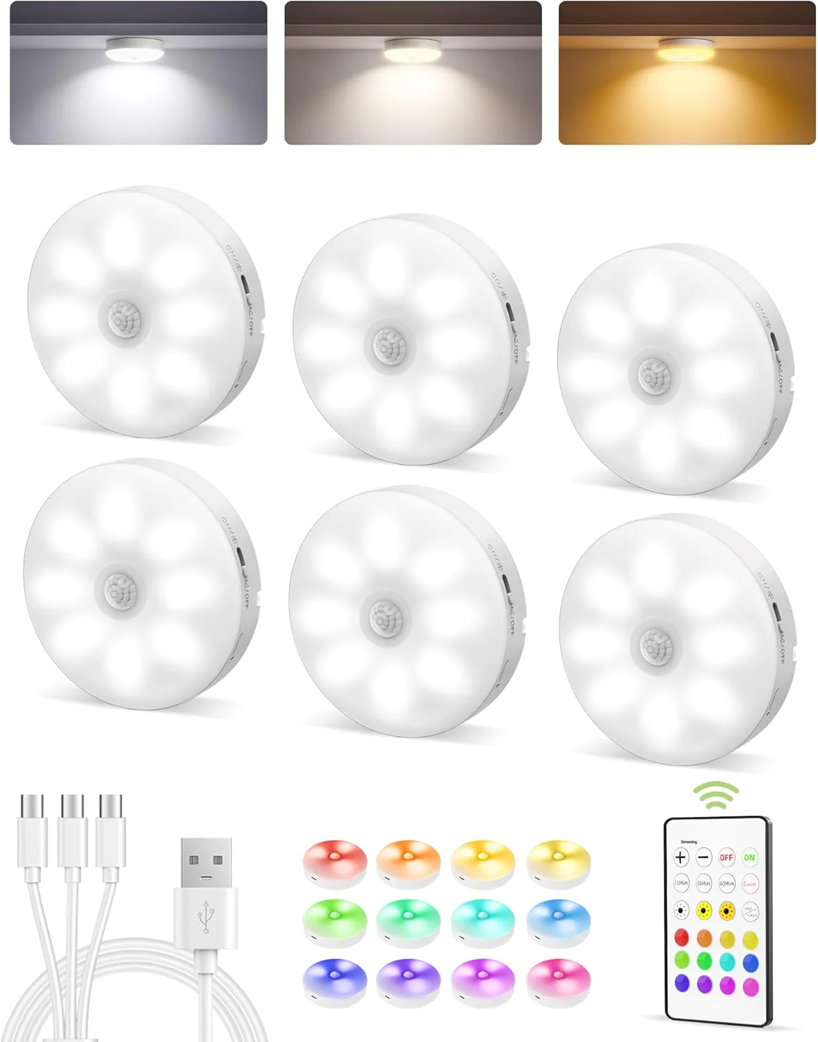 EZVALO 6-Pack Under Cabinet Lighting, Rechargeable Motion Sensor Puck Lights with Remote, 3 Color Temps &12 RGB Colors, Magnetic Stick on Light, Dimmable Under Counter Lights for Kitchen, Shelf, Stair - Image 11
