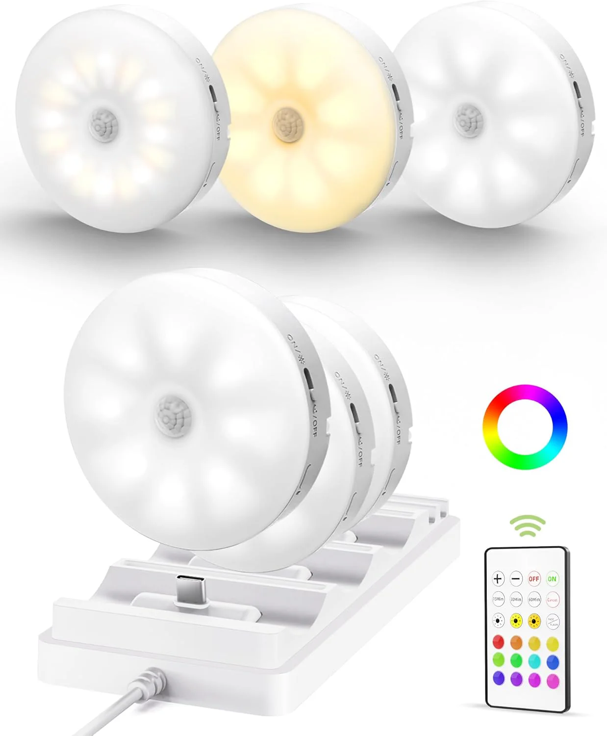 EZVALO 6-Pack Under Cabinet Lighting, Rechargeable Motion Sensor Puck Lights with Remote, 3 Color Temps &12 RGB Colors, Magnetic Stick on Light, Dimmable Under Counter Lights for Kitchen, Shelf, Stair - Image 12