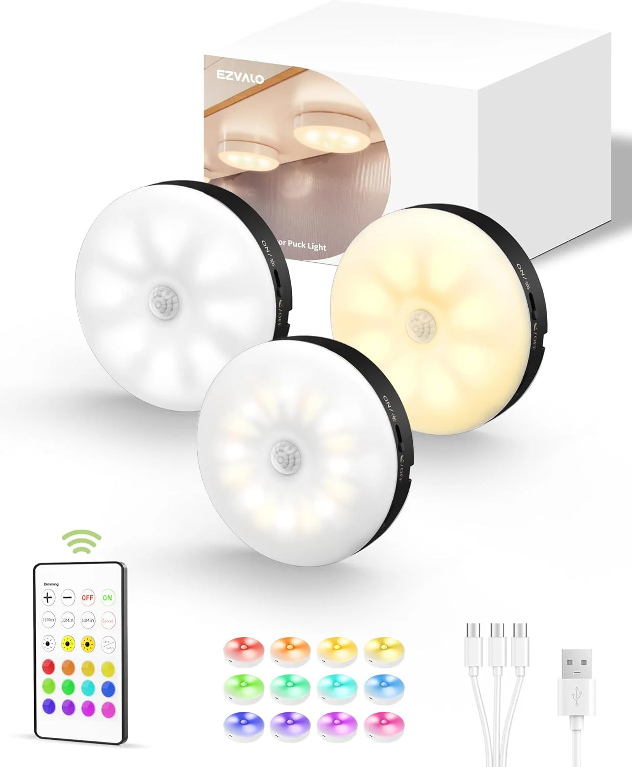 EZVALO 6-Pack Under Cabinet Lighting, Rechargeable Motion Sensor Puck Lights with Remote, 3 Color Temps &12 RGB Colors, Magnetic Stick on Light, Dimmable Under Counter Lights for Kitchen, Shelf, Stair - Image 15