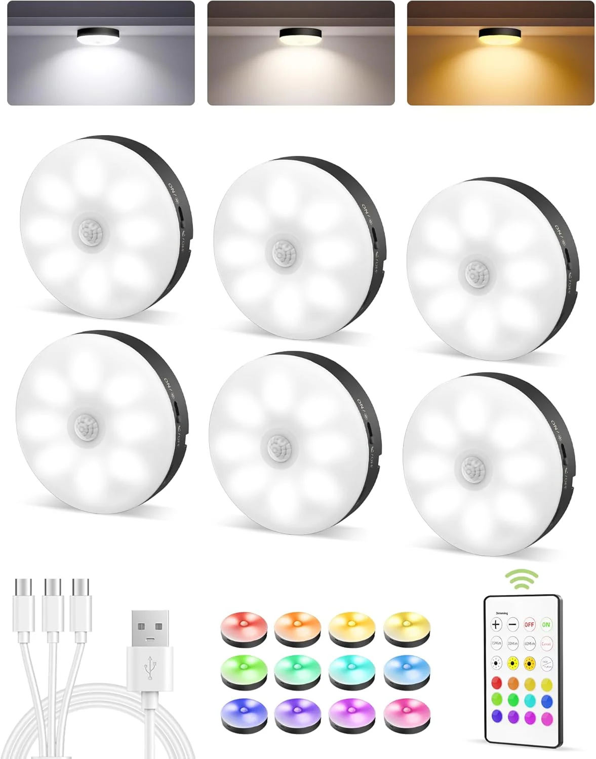 EZVALO 6-Pack Under Cabinet Lighting, Rechargeable Motion Sensor Puck Lights with Remote, 3 Color Temps &12 RGB Colors, Magnetic Stick on Light, Dimmable Under Counter Lights for Kitchen, Shelf, Stair - Image 17